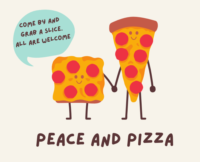 cartoon triangle slice of pizza holding hands with a cartoon square slice of pizza with event info around them