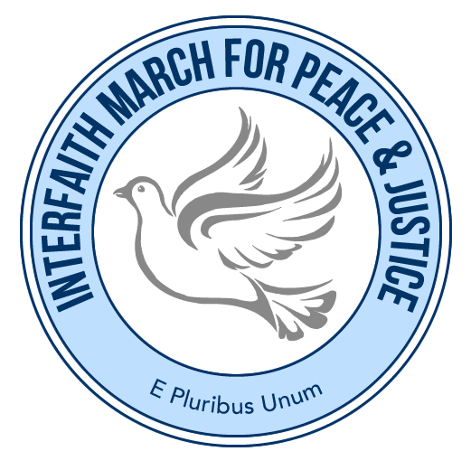 Round emblem with a dove featuring the text Interfaith March for Peace and Justice