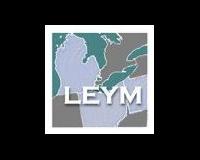 Lake Erie Yearly Meeting logo featuring the letters LEYM superimposed over a map featuring the states Michigan, Indiana and Ohio in light blue.