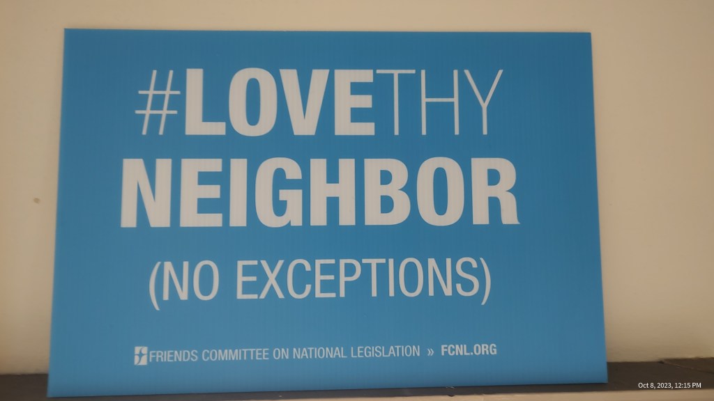 Blue background with the words Love Thy Neighbor (No Exceptions)