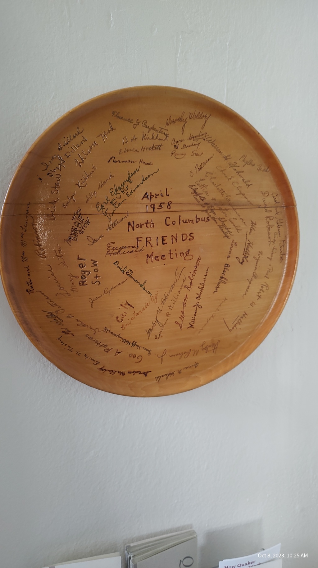 Plate with the words April, 1958 North Columbus Friends Meeting with handwritten signatures