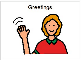 drawing of a person wearing a red shirt and waving. text says "greetings"