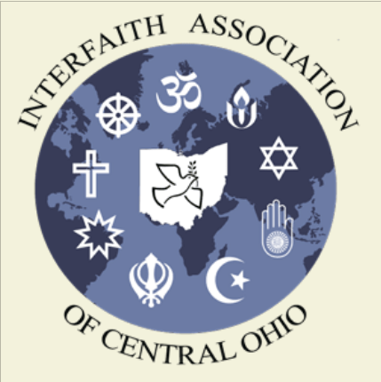 drawing of the globe using blues with various religious icons within, at center is a drawing of Ohio with a dove. Around the globe is "Interfaith Association of Central Ohio"