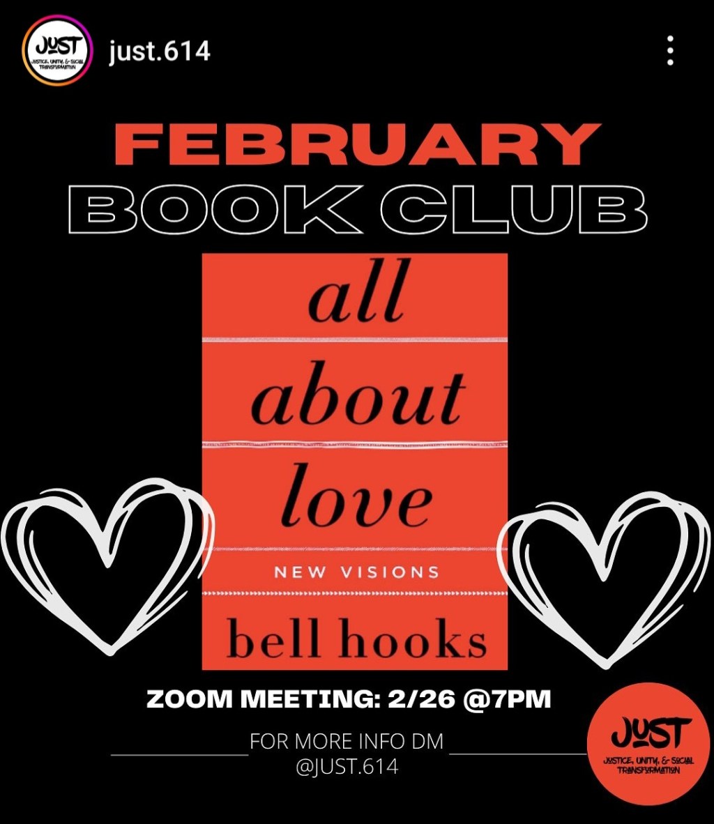 black background, white and red text with event information. 1 white heart on the left and right sides