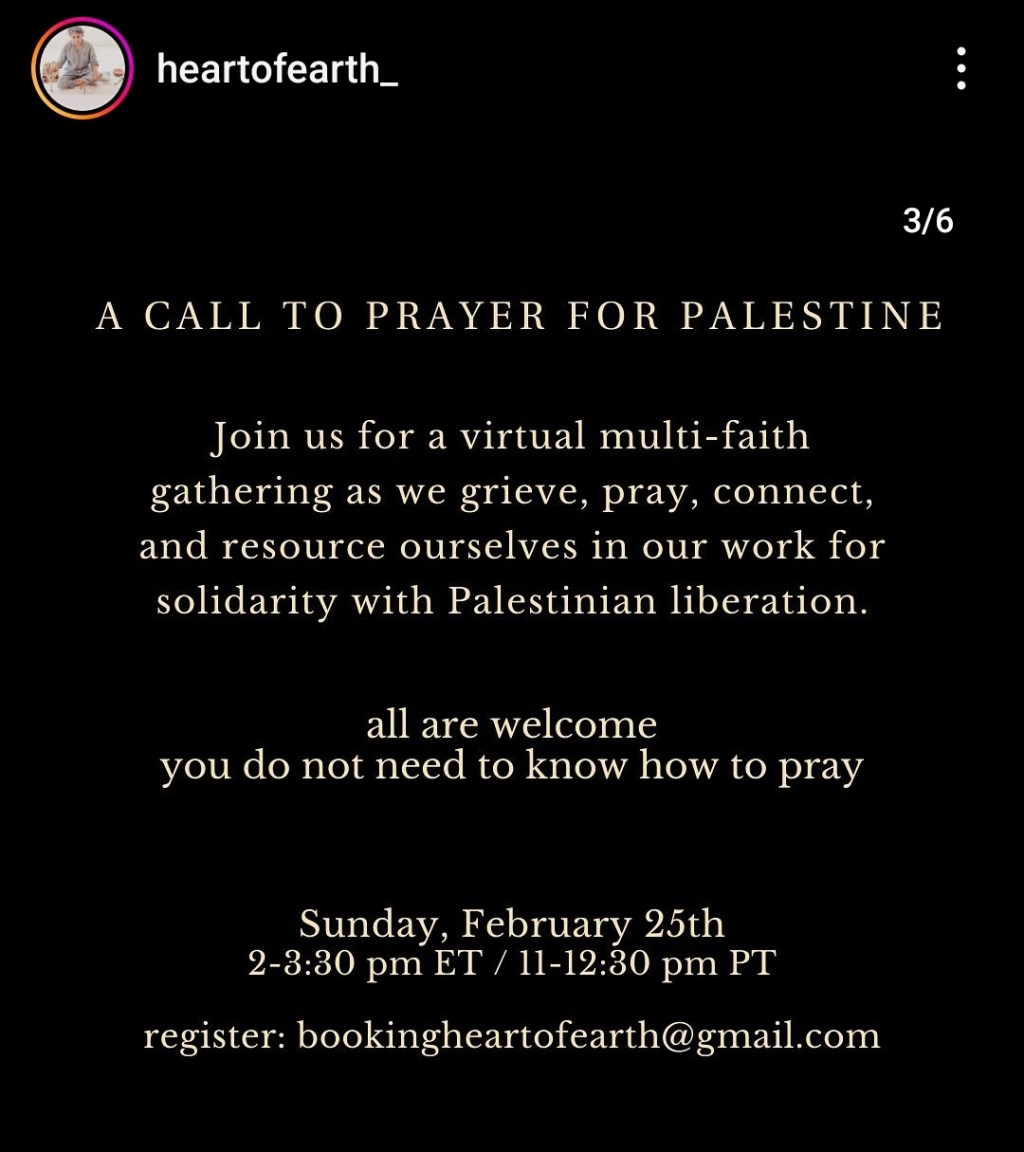 black background, white text, event information. instagram handle top right; @HeartOfEarth_