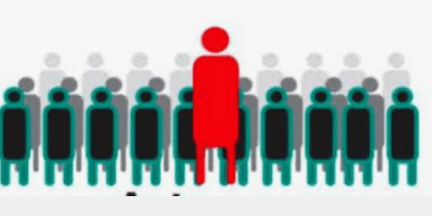 Image of icons representing people, with one icon in red in front of several in green.