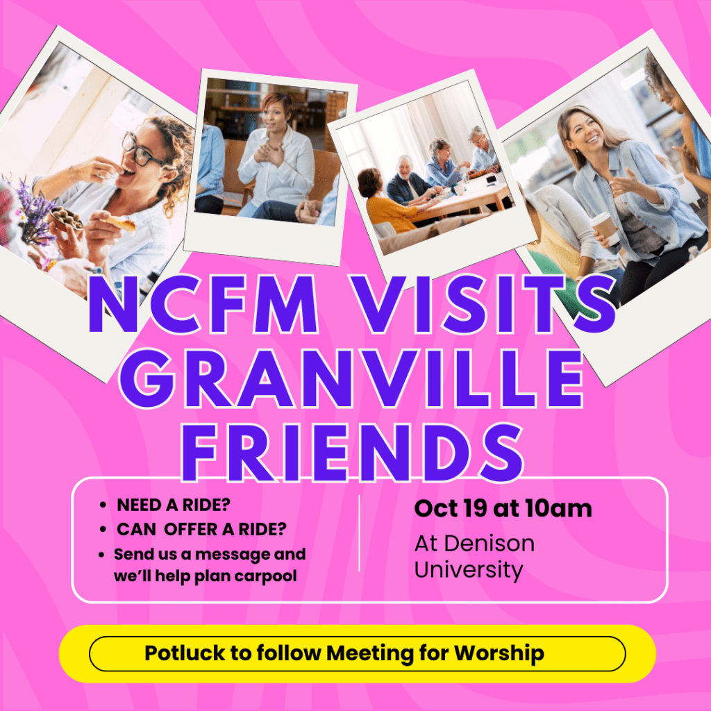pink background. purple text: "NCFM visits Granville Friends", black text has event info. images of polaroid style photos with smiling people