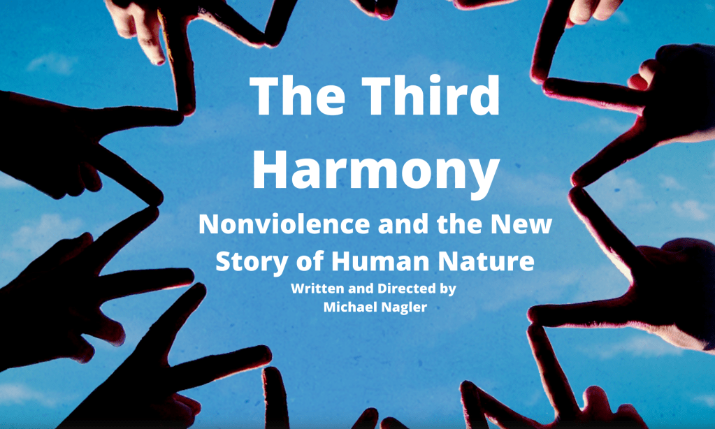 background of sky with hands making peace symbols. text: third harmony nonviolence and the new story of human nature