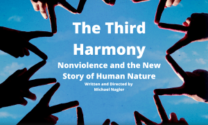 background of sky with hands making peace symbols. text: third harmony nonviolence and the new story of human nature