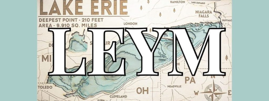 white text "leym" over a map of lake erie