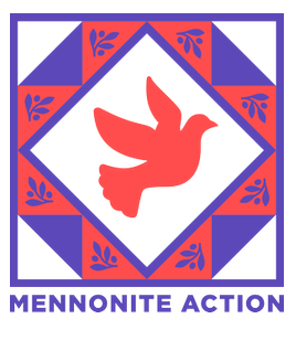 drawing of quilt square with dove in center. text on bottom "mennonite action"