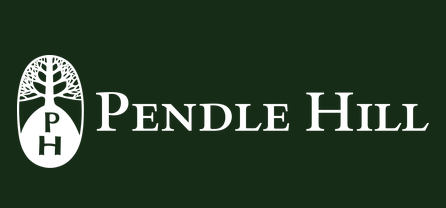 white text on dark green background "Pendle Hill" with a tree drawing